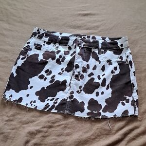 No Boundaries Cow Print Denim Mini Skirt - Brown & White